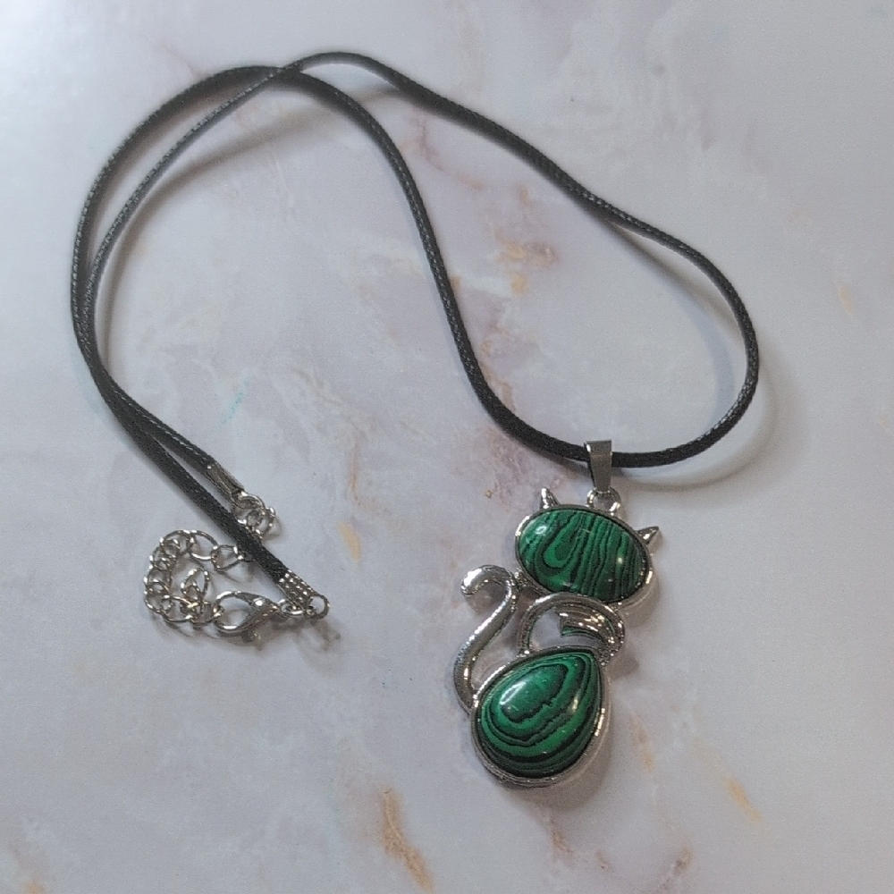 Silver Toned Necklace with Green Cat Pendant